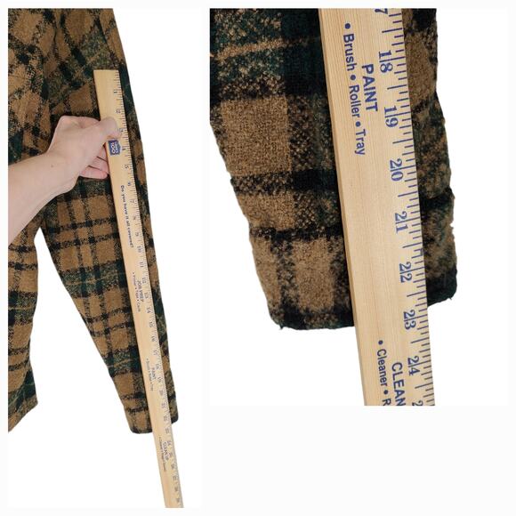 mnml Shacket Shirt Jacket M Men Plaid Loose Woven Flannel Brown Green Raw Hem - Picture 8 of 16